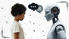 A child and a robot face each other with speech bubbles between them.