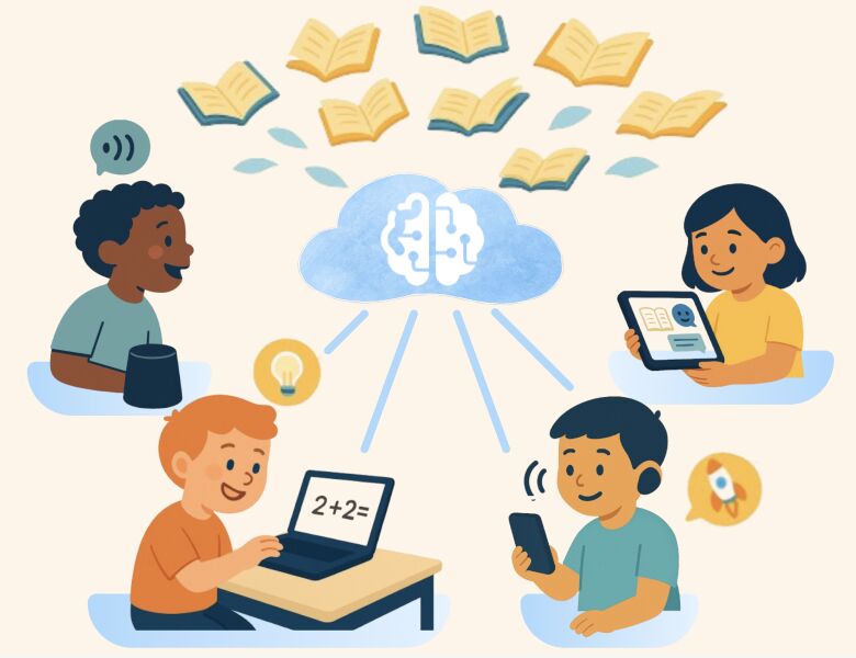 Children using different devices to learn, connected to an AI cloud with books above