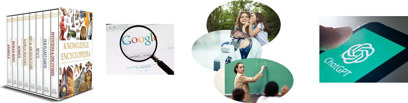 Images of an encyclopedia set, Google search page, a teacher, a child with a microscope, and a phone displaying ChatGPT